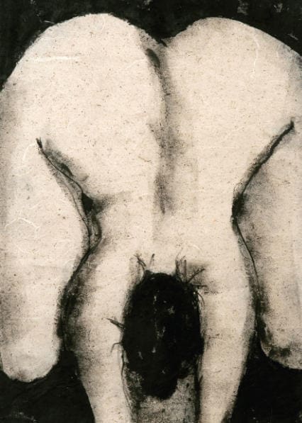 Un dessin aux fusains de Sophie Sainrapt, représentant le dos d'une femme agenouillée